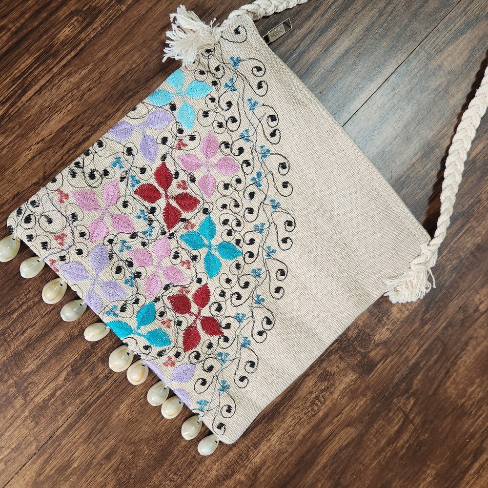 Boho Embroidered Crossbody Bag Festival Hippie Purse‎ w/ Shell Bead Trim